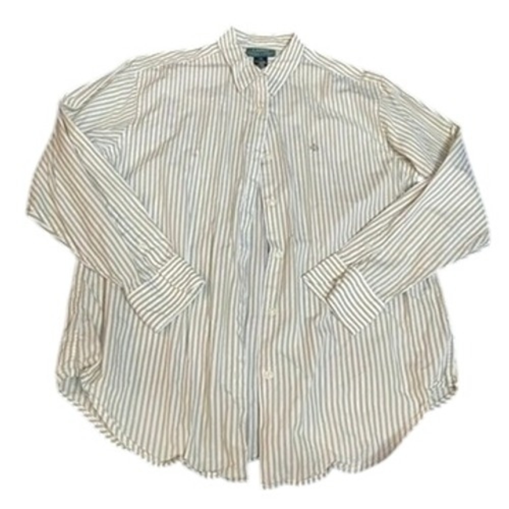 Lauren Ralph Lauren Tan White Striped Cotton Button Down Shirt Womens 14